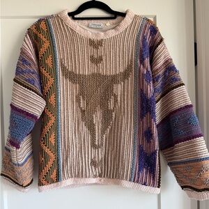 Vintage 1990s cow skull needlework sweater designed by Allen Wah